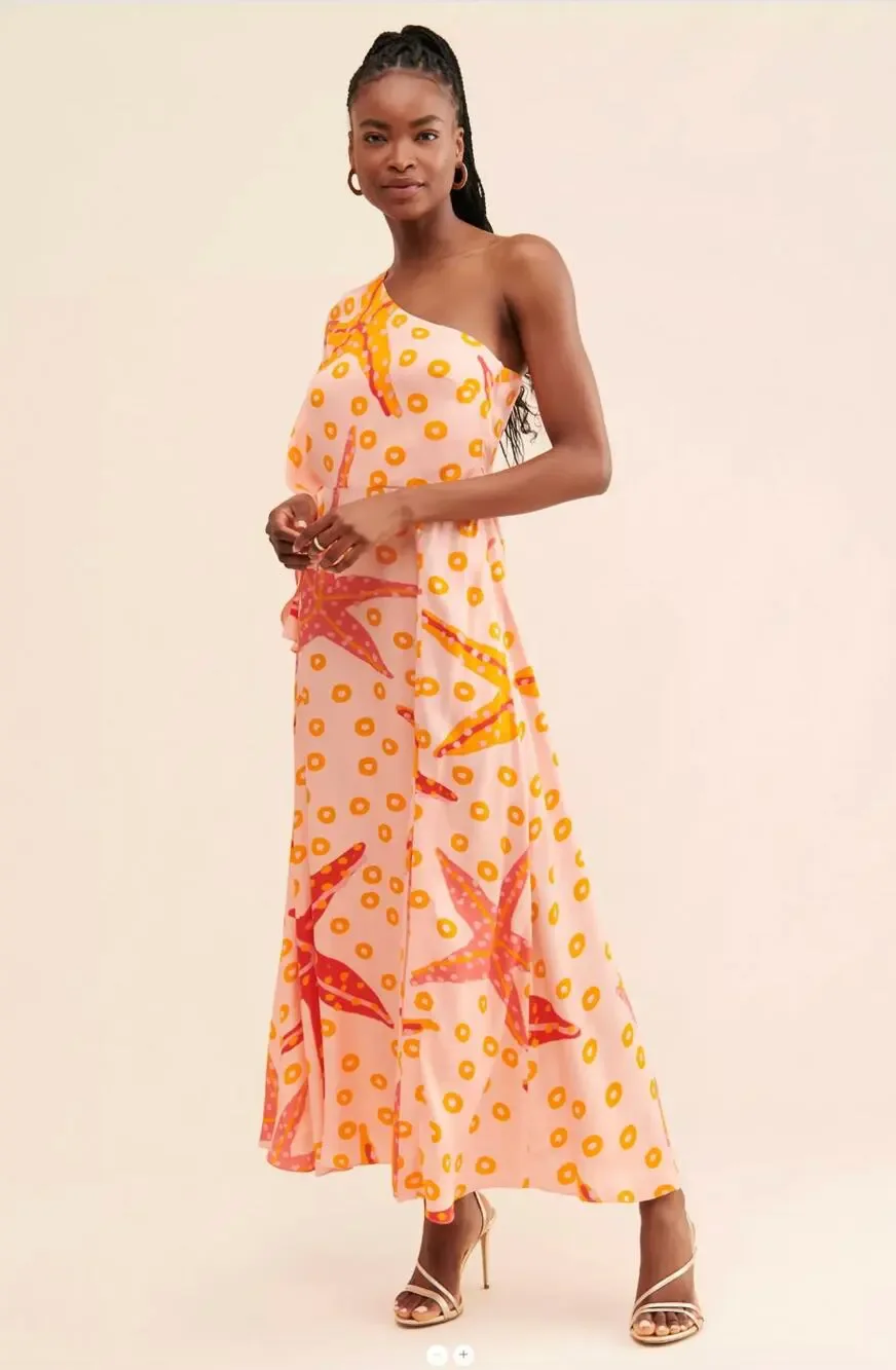 Farm Rio Anthropologie One Shoulder Starfish Maxi Dress Orange Pink Size Large - Picture 1 of 11